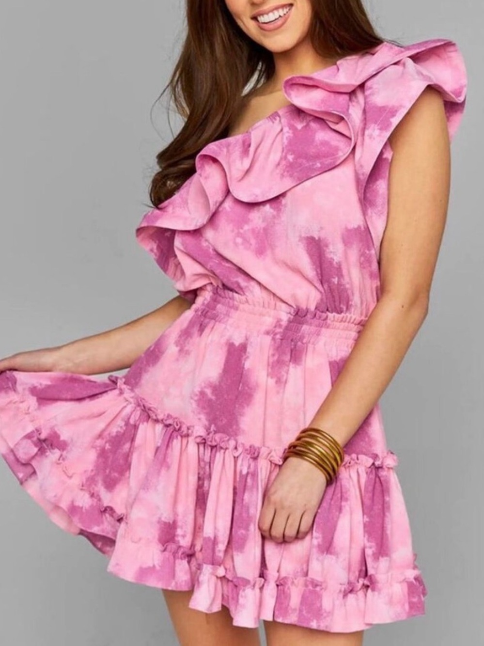Buddy Love Pink One-Shoulder Ruffle Mini Dress